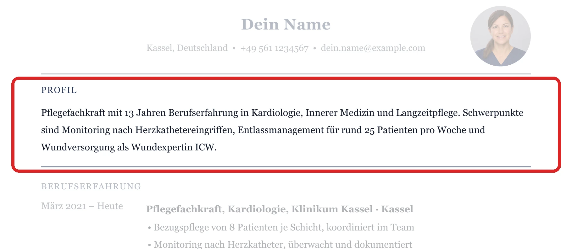 Position eines Kurzprofils