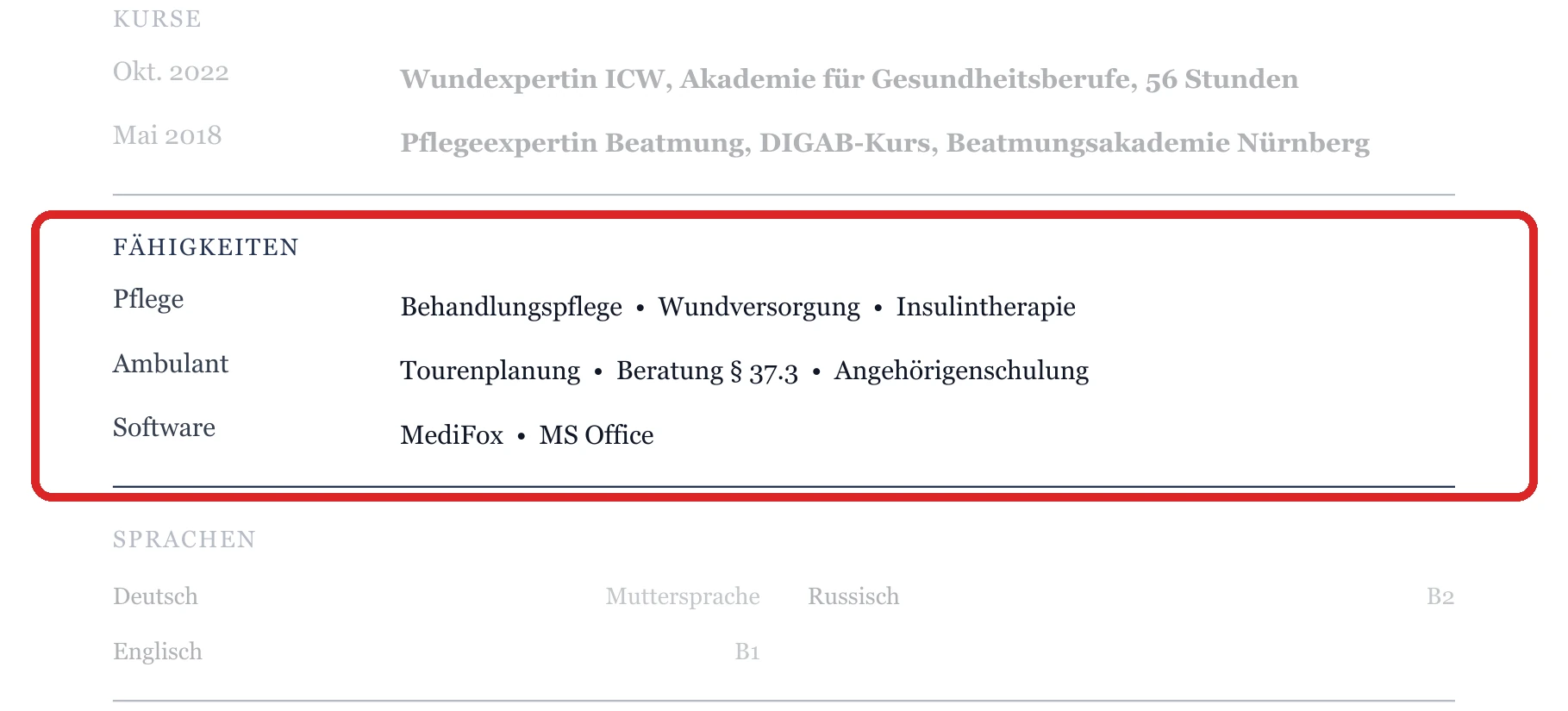 Kenntnisse im Muster – Ambulante & außerklinische Pflege
