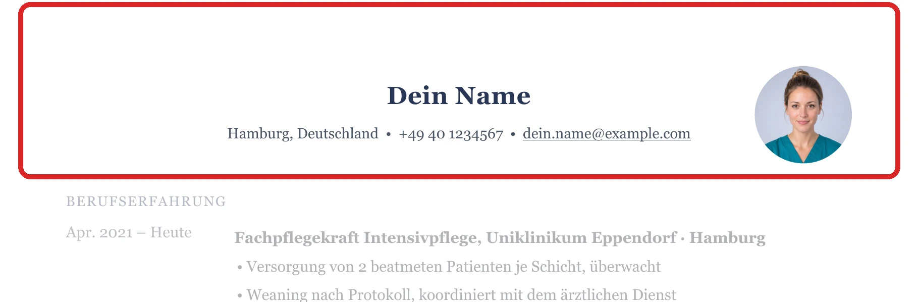 Persönliche Angaben im Muster – Krankenhaus & Fachpflege