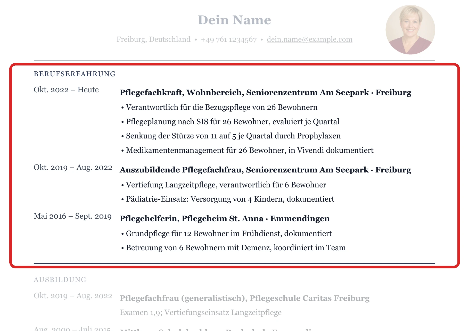 Berufserfahrung im Muster – Pflegeheim & Langzeitpflege