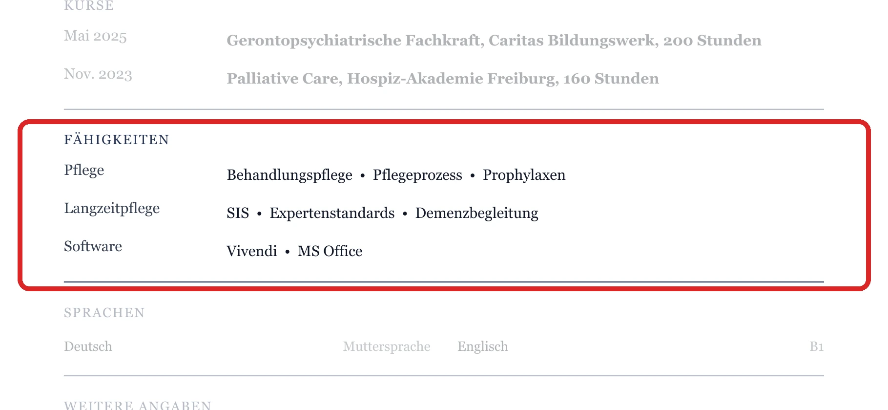 Kenntnisse im Muster – Pflegeheim & Langzeitpflege
