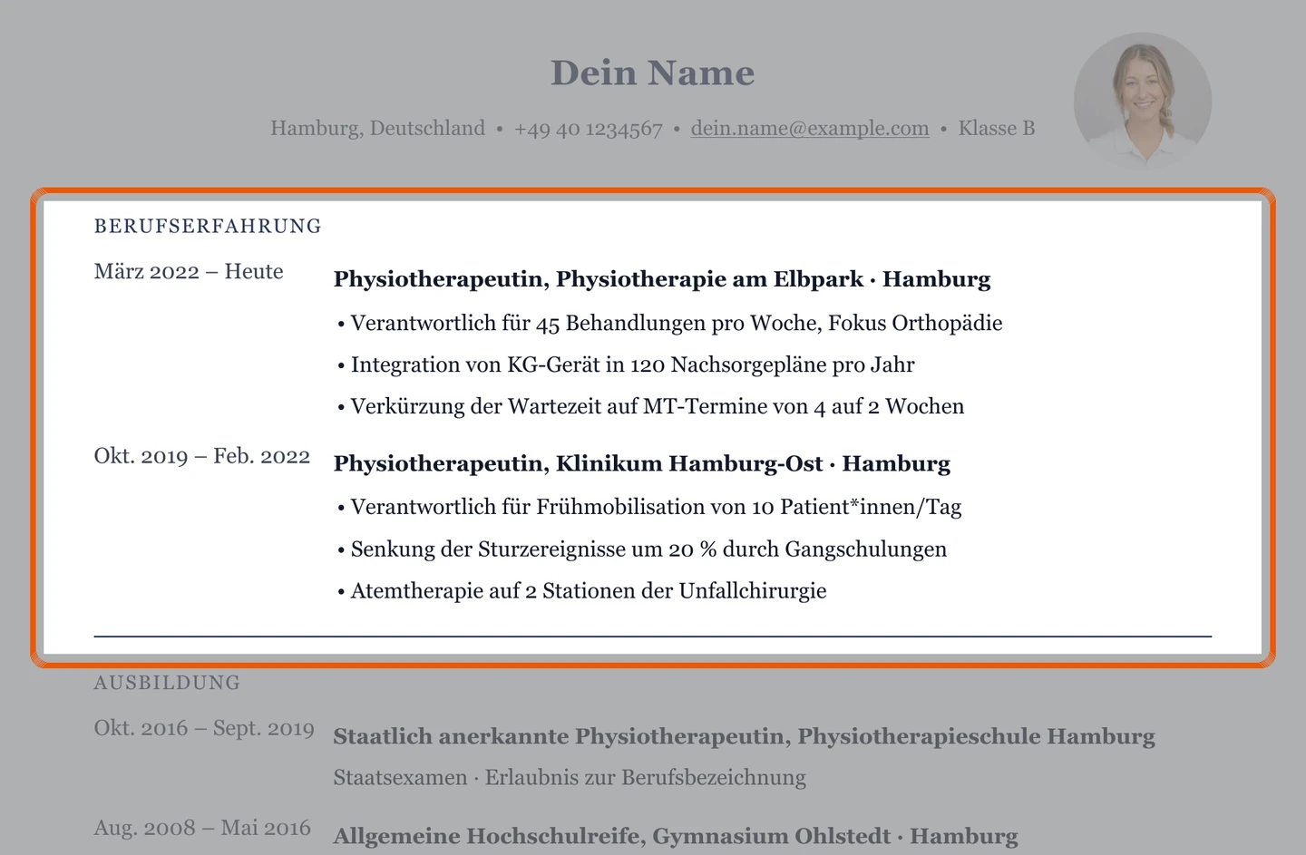 Berufserfahrung im Muster – Muster Physiotherapeut*in – allgemein
