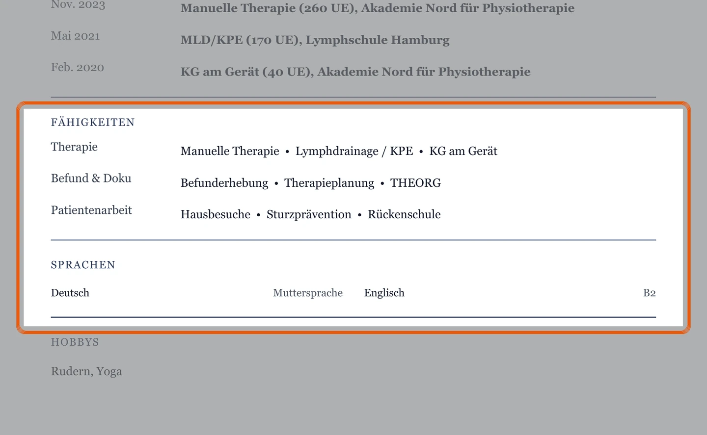 Kenntnisse und Sprachen im Muster – Muster Physiotherapeut*in – allgemein