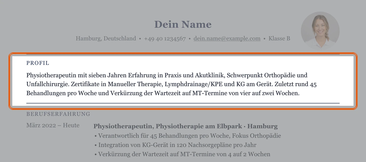 Lebenslauf-Muster mit einem Kurzprofil zwischen Kontaktdaten und Berufserfahrung