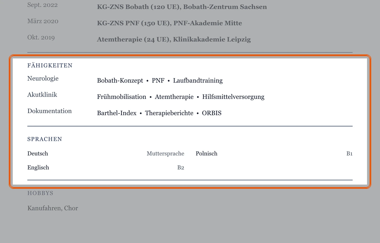 Kenntnisse und Sprachen im Muster – Muster Klinik & Reha