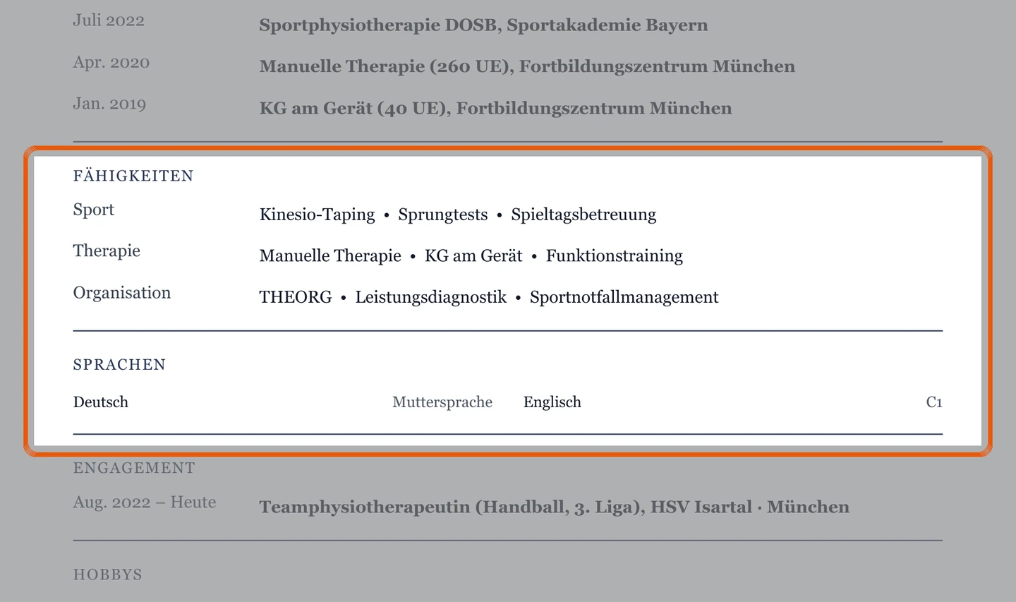Kenntnisse und Sprachen im Muster – Muster Sportphysiotherapie