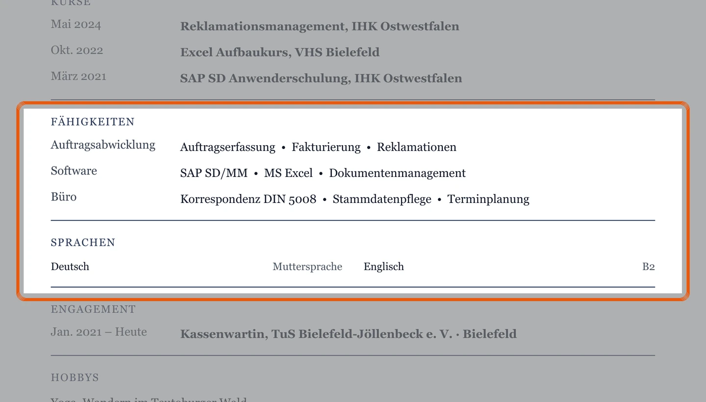 Kenntnisse und Sprachen im Muster – Muster Sachbearbeiter*in – allgemein
