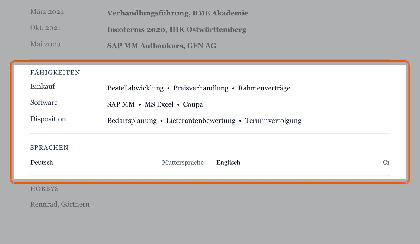 Kenntnisse und Sprachen im Muster – Muster Einkauf & Beschaffung