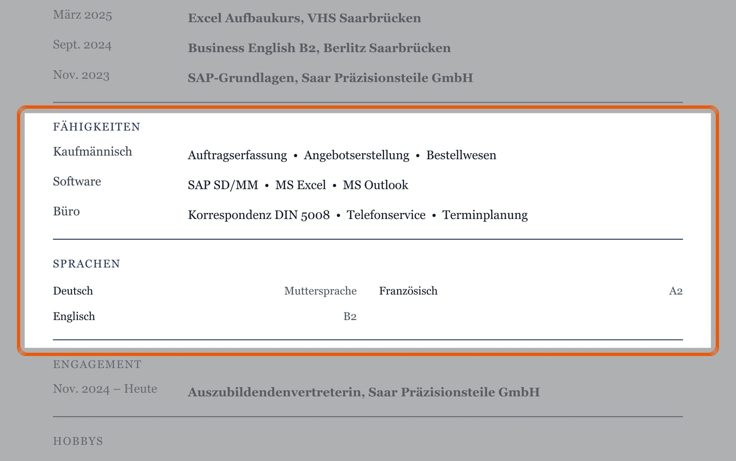 Kenntnisse und Sprachen im Muster – Muster Berufseinstieg