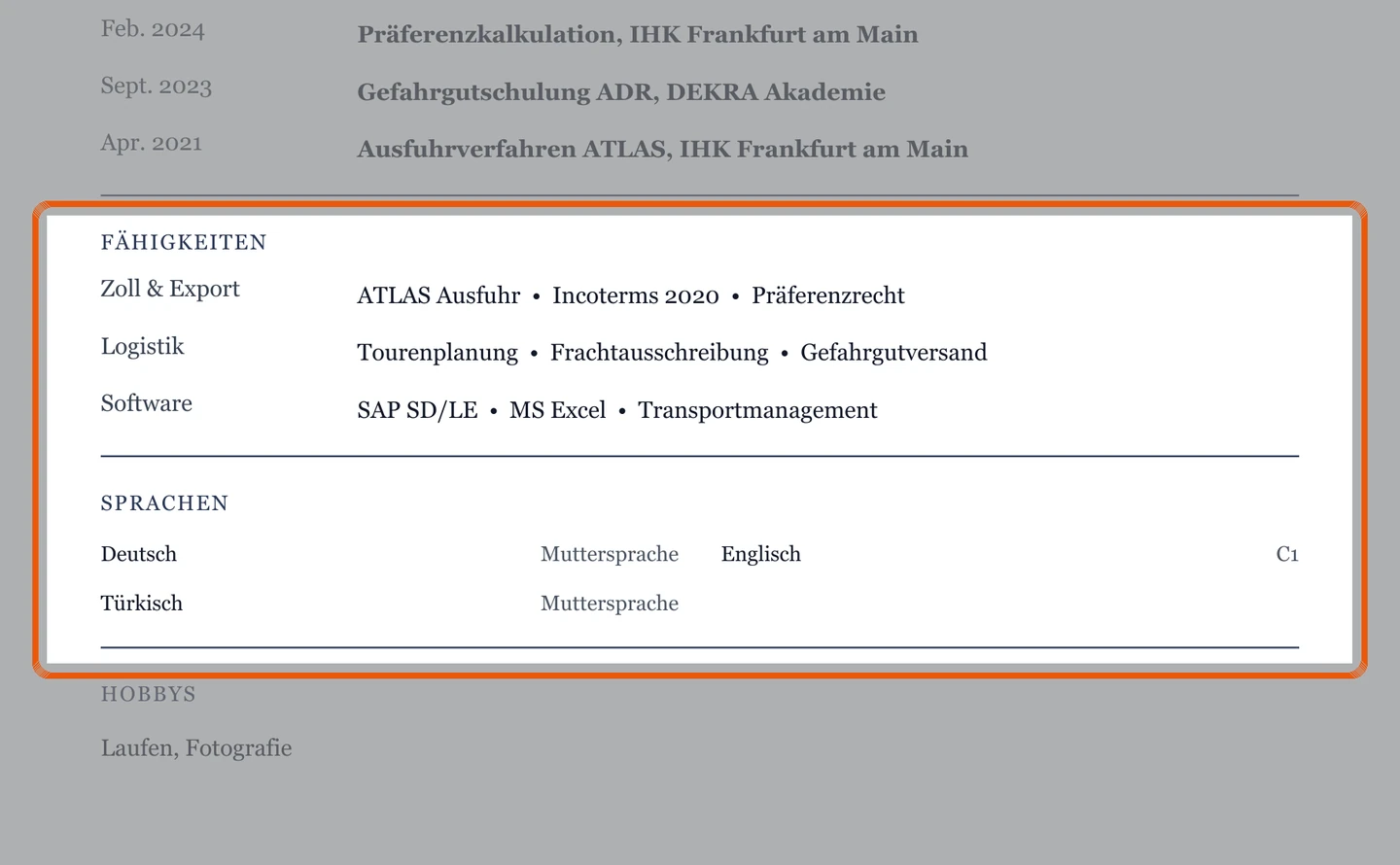 Kenntnisse und Sprachen im Muster – Muster Logistik, Versand & Export