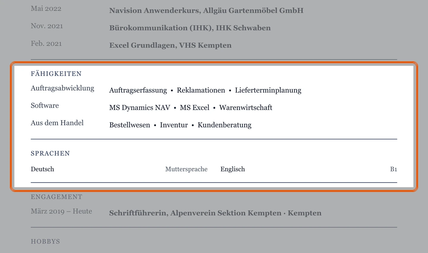 Kenntnisse und Sprachen im Muster – Muster Quereinstieg