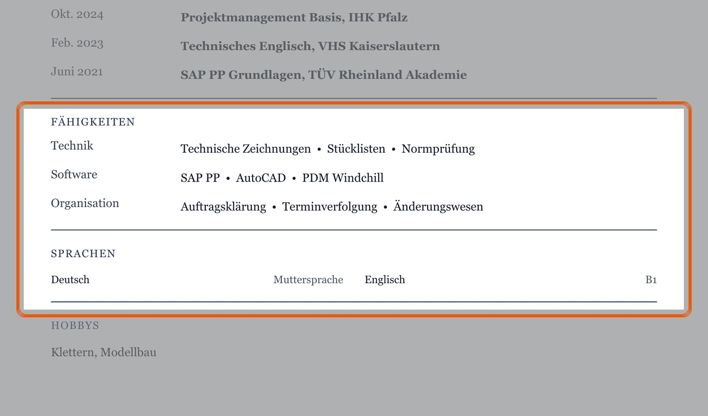 Kenntnisse und Sprachen im Muster – Muster Technische Sachbearbeitung