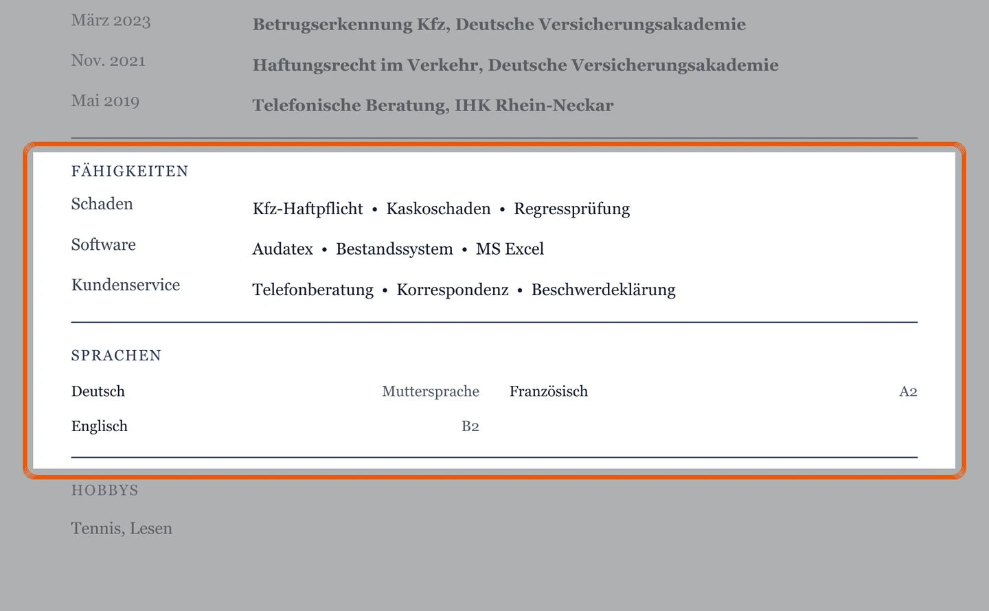 Kenntnisse und Sprachen im Muster – Muster Versicherung & Schadenbearbeitung