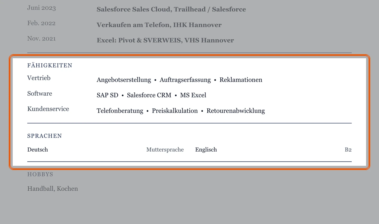 Kenntnisse und Sprachen im Muster – Muster Vertriebsinnendienst & Auftragsabwicklung