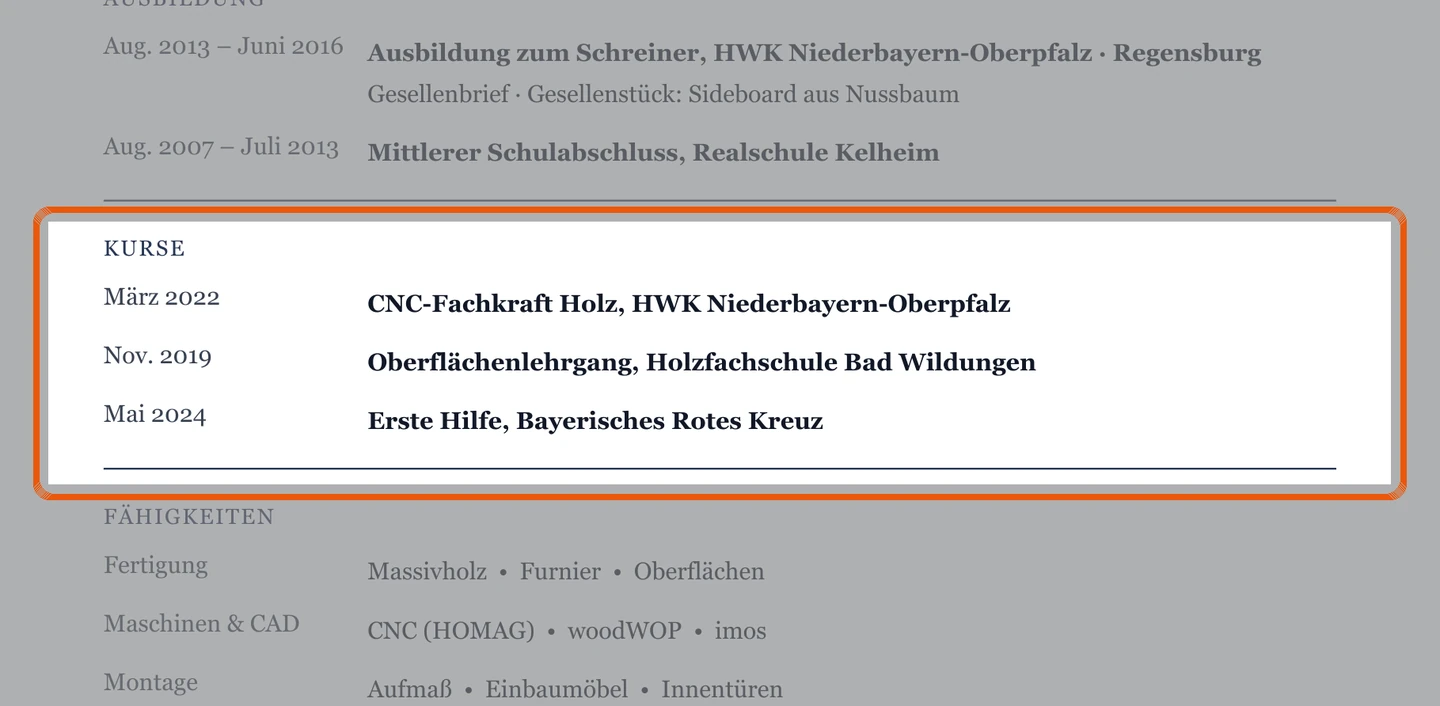 Weiterbildungen im Muster – Muster Tischler*in / Schreiner*in – allgemein