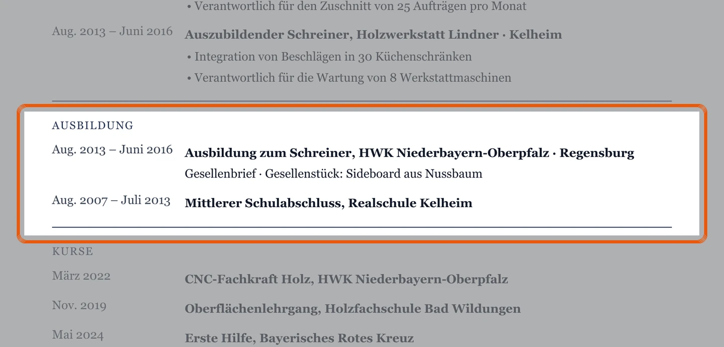 Ausbildung im Muster – Muster Tischler*in / Schreiner*in – allgemein