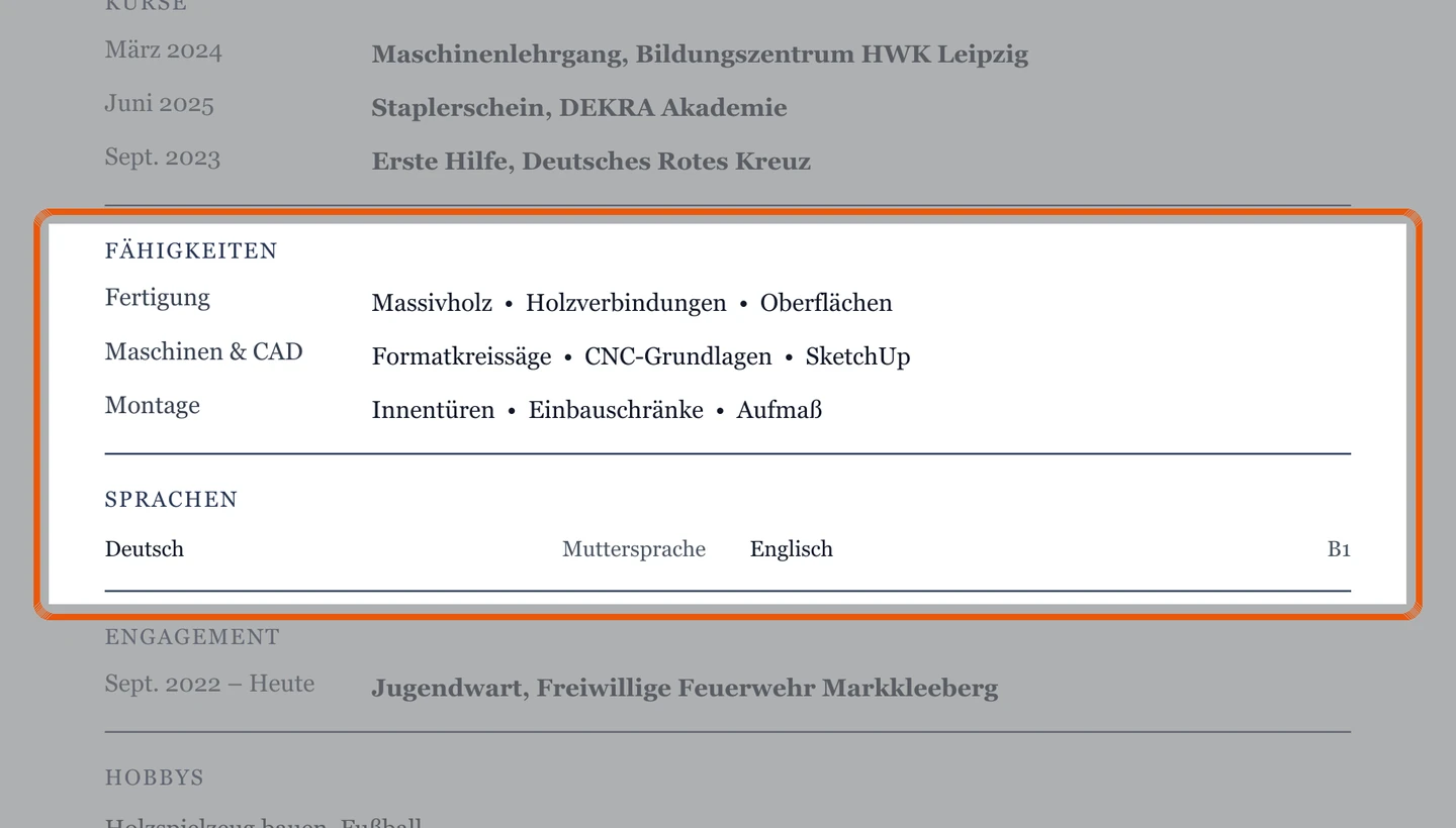 Kenntnisse und Sprachen im Muster – Muster Ausbildung & Berufseinstieg