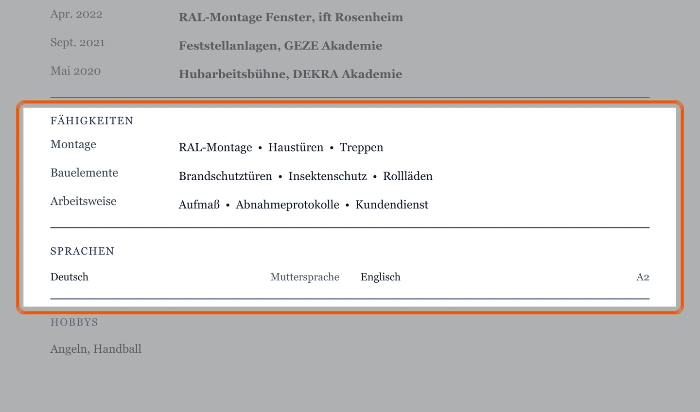 Kenntnisse und Sprachen im Muster – Muster Bauelemente & Montage