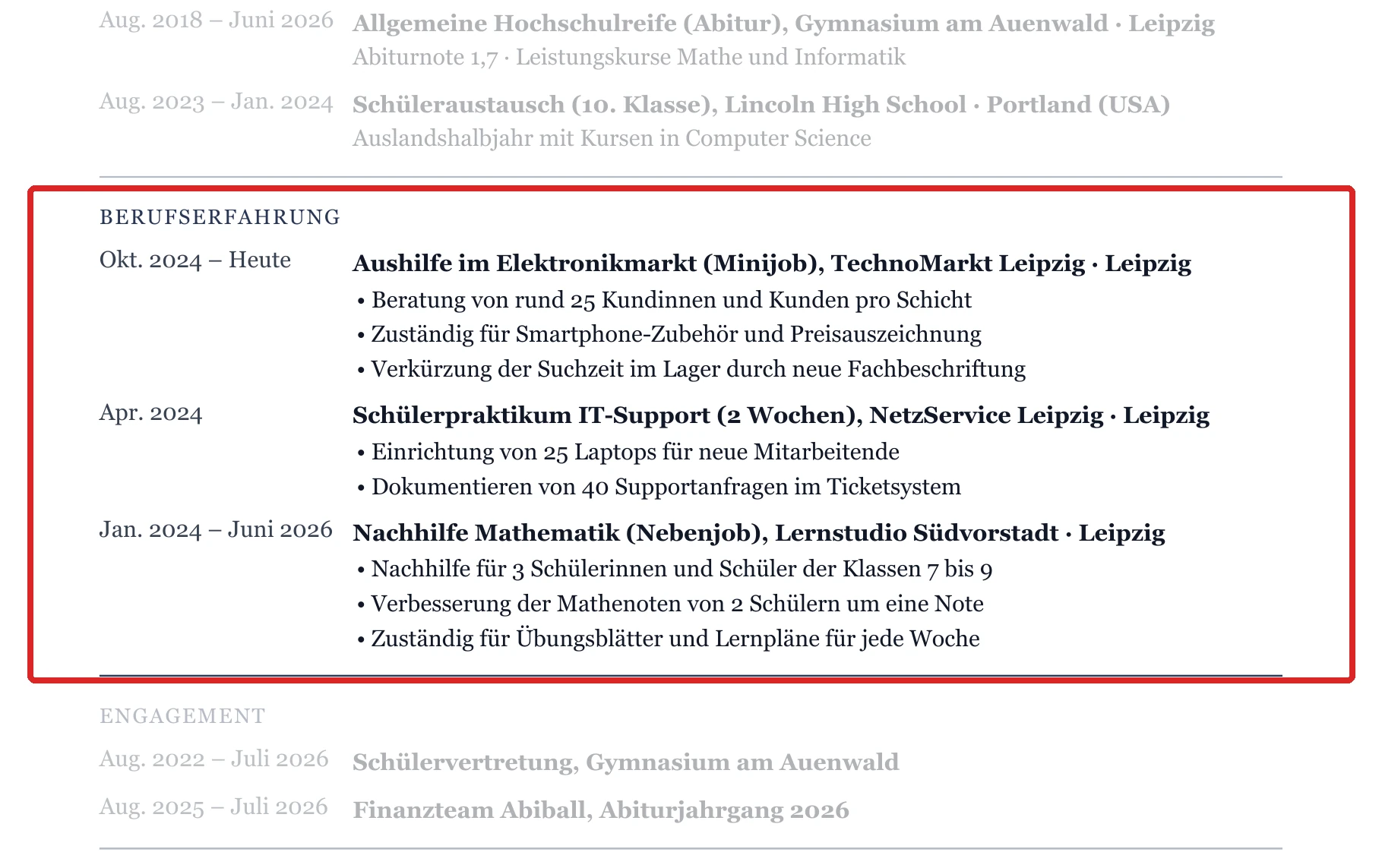 Praktika und Nebenjobs im Muster – Muster Oberstufe, Abitur & Fachabitur