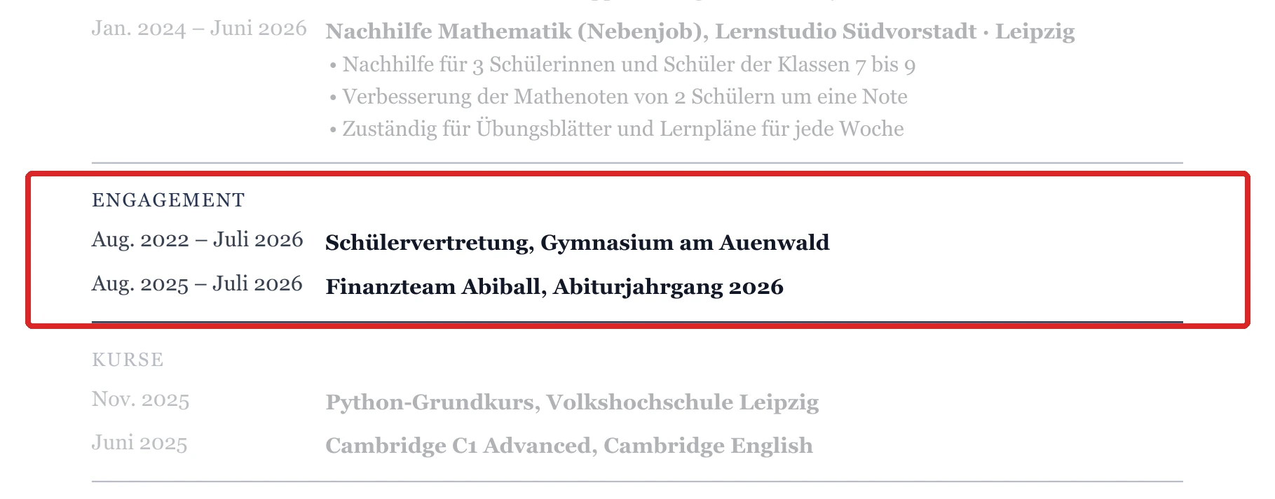 Engagement im Muster – Muster Oberstufe, Abitur & Fachabitur