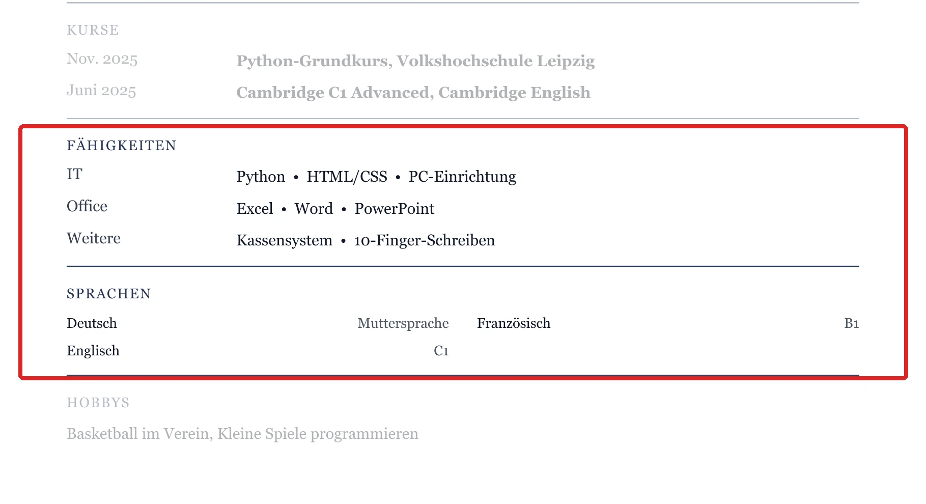 Kenntnisse und Sprachen im Muster – Muster Oberstufe, Abitur & Fachabitur