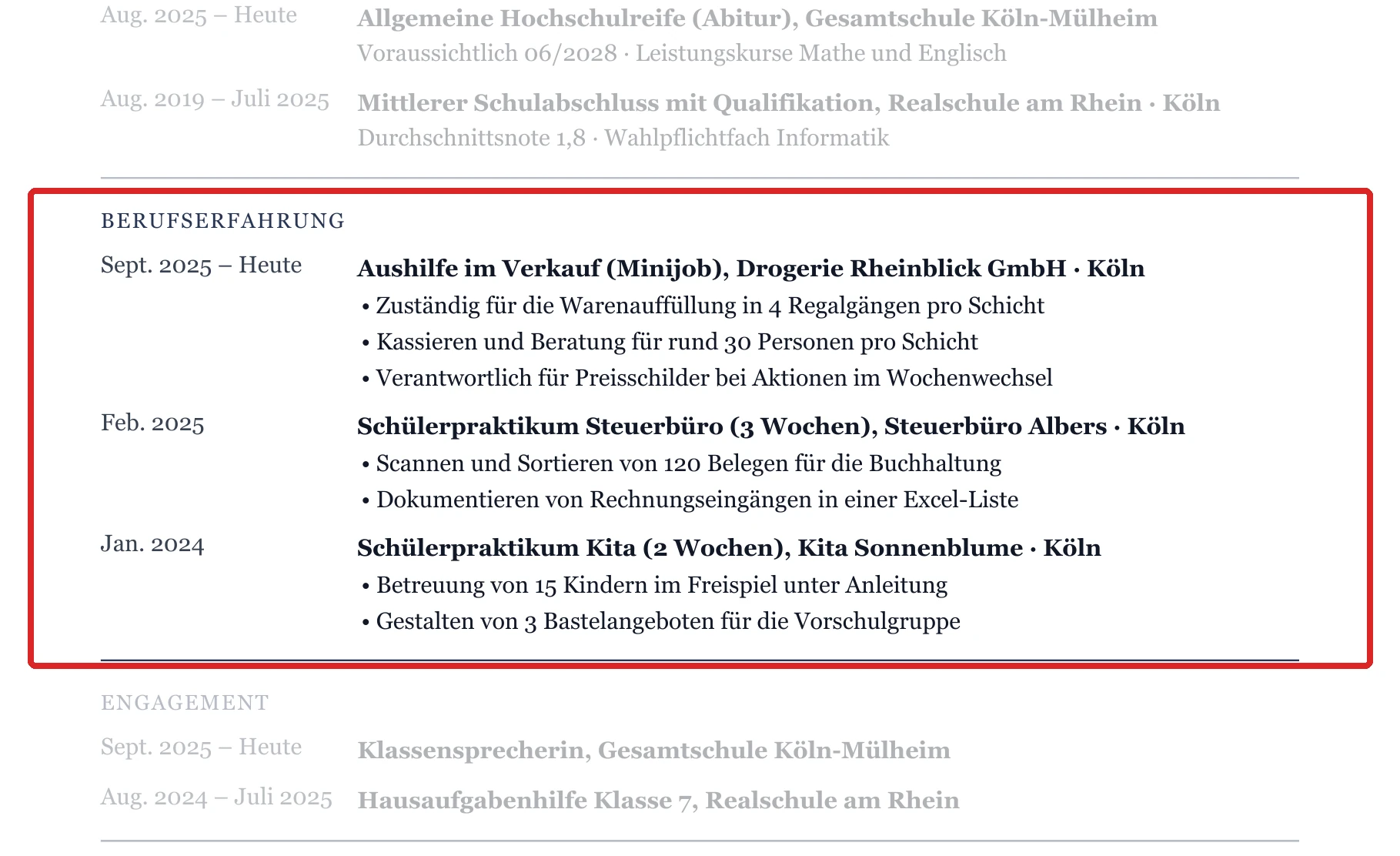 Praktika und Nebenjobs im Muster – Muster Schüler*in – allgemein