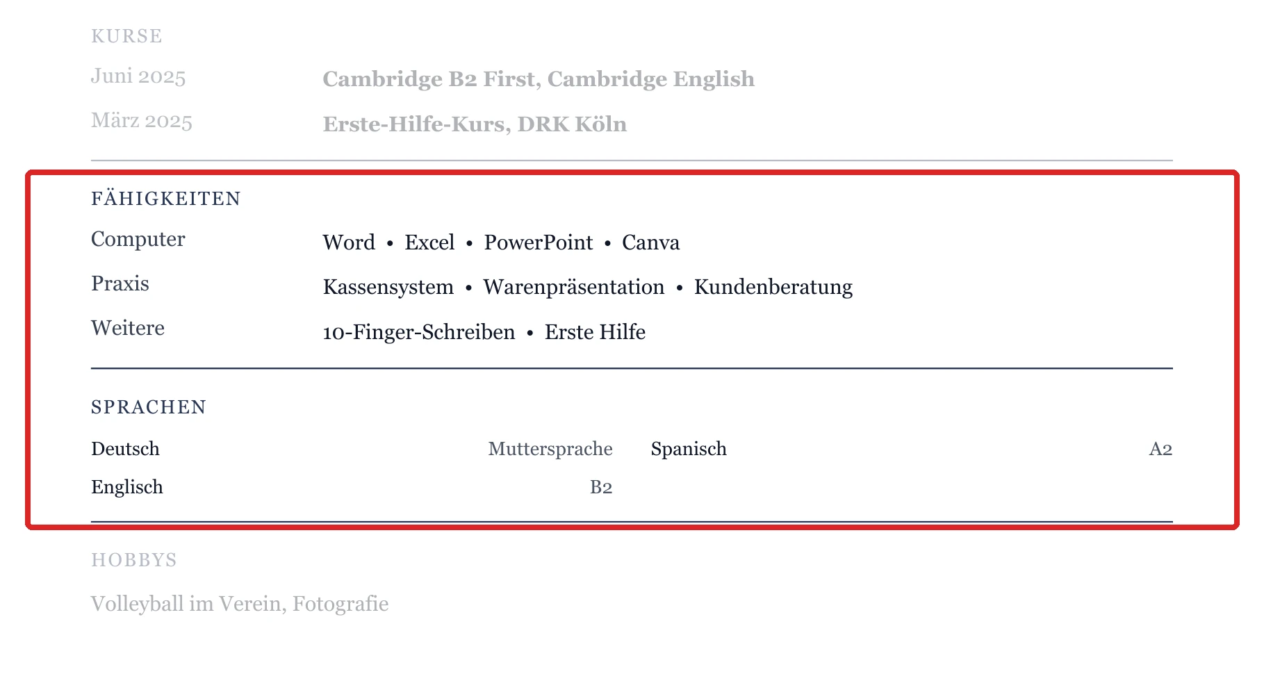 Kenntnisse und Sprachen im Muster – Muster Schüler*in – allgemein