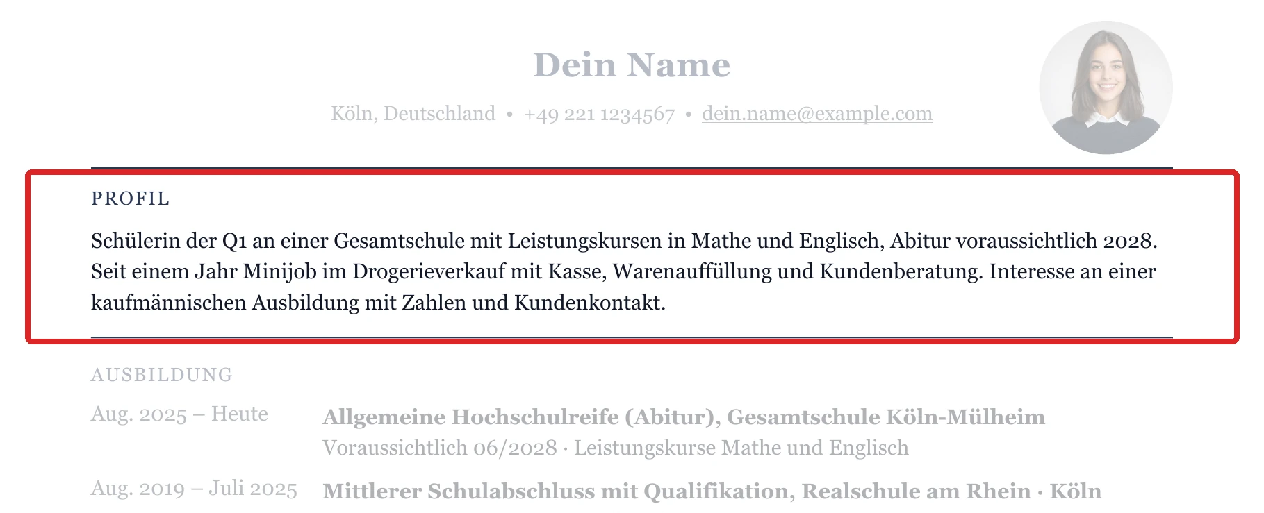 Muster mit Kurzprofil unter dem Kopfbereich