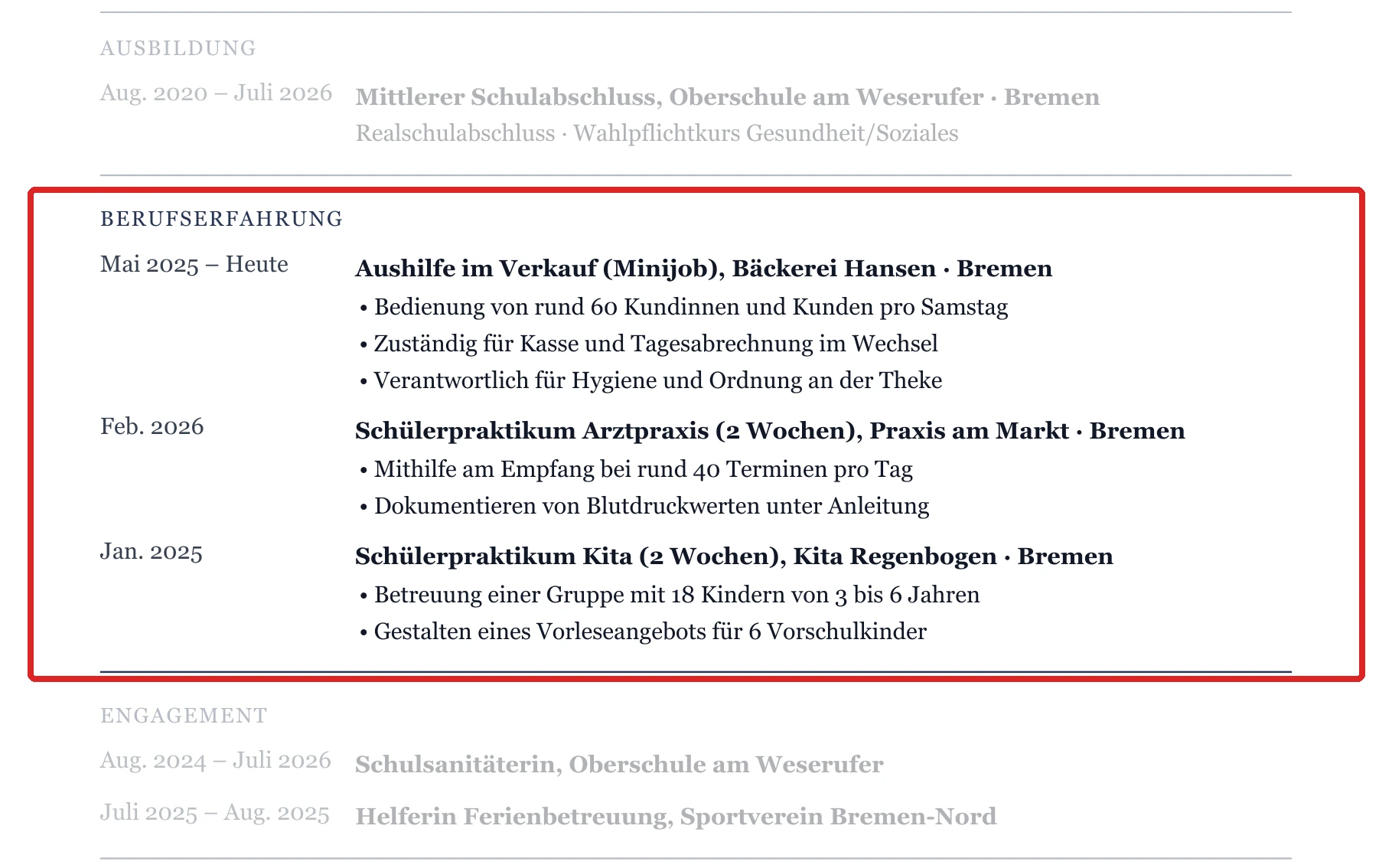 Praktika und Nebenjobs im Muster – Muster Schulabschluss & Ausbildungssuche