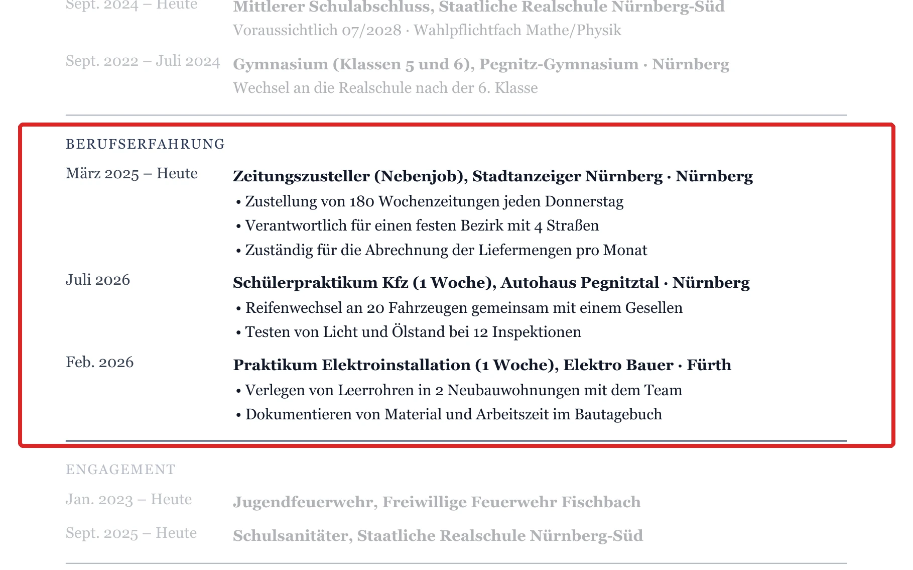 Praktika und Nebenjobs im Muster – Muster Mittelstufe (bis 10. Klasse)