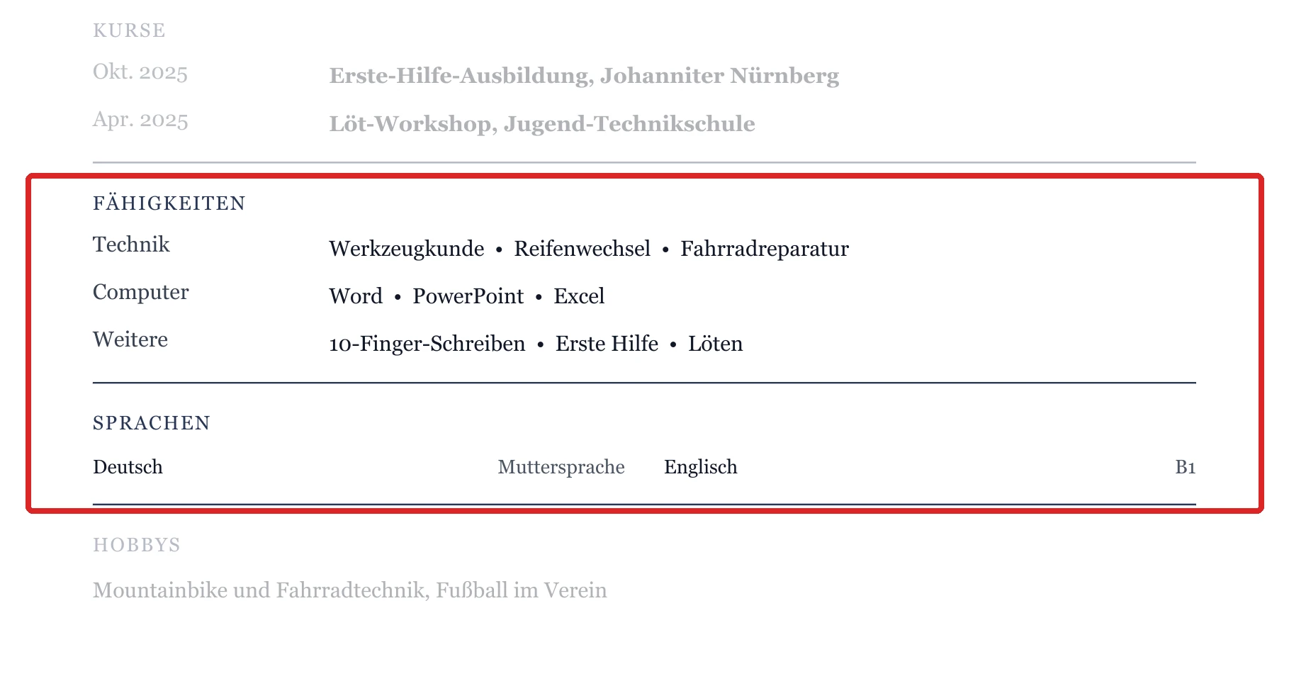 Kenntnisse und Sprachen im Muster – Muster Mittelstufe (bis 10. Klasse)