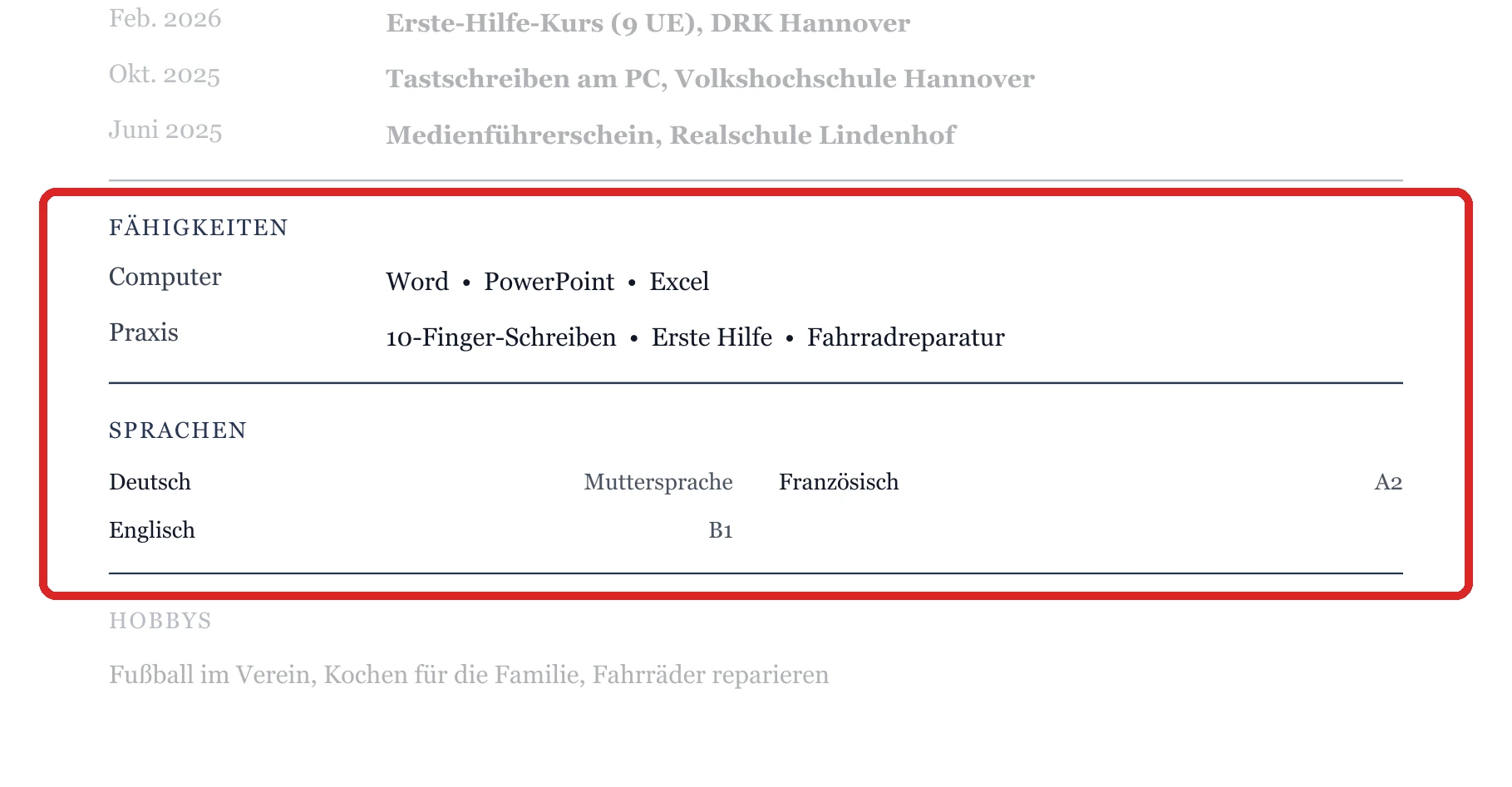 Kenntnisse und Sprachen im Muster – Muster Schülerpraktikum allgemein