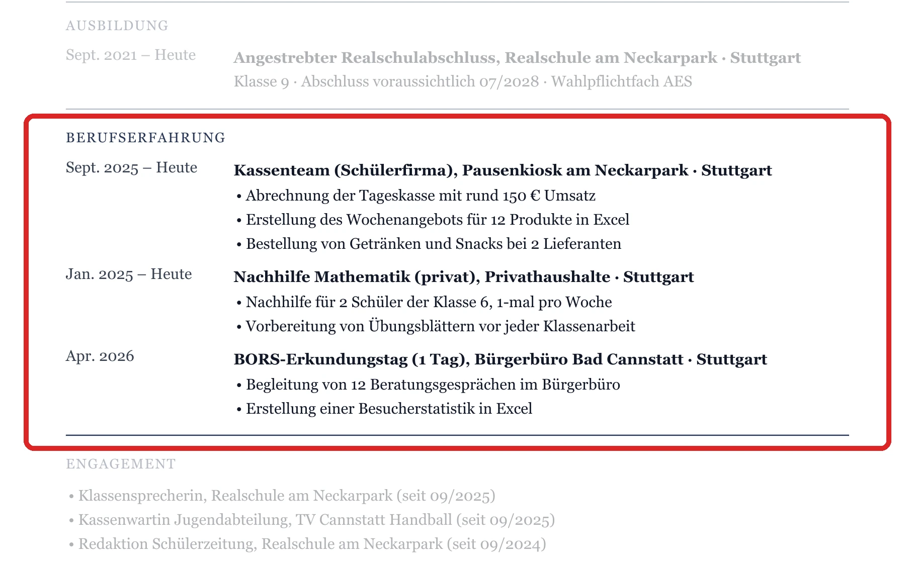 Praktische Erfahrung im Muster – Muster Büro, Bank & Verwaltung