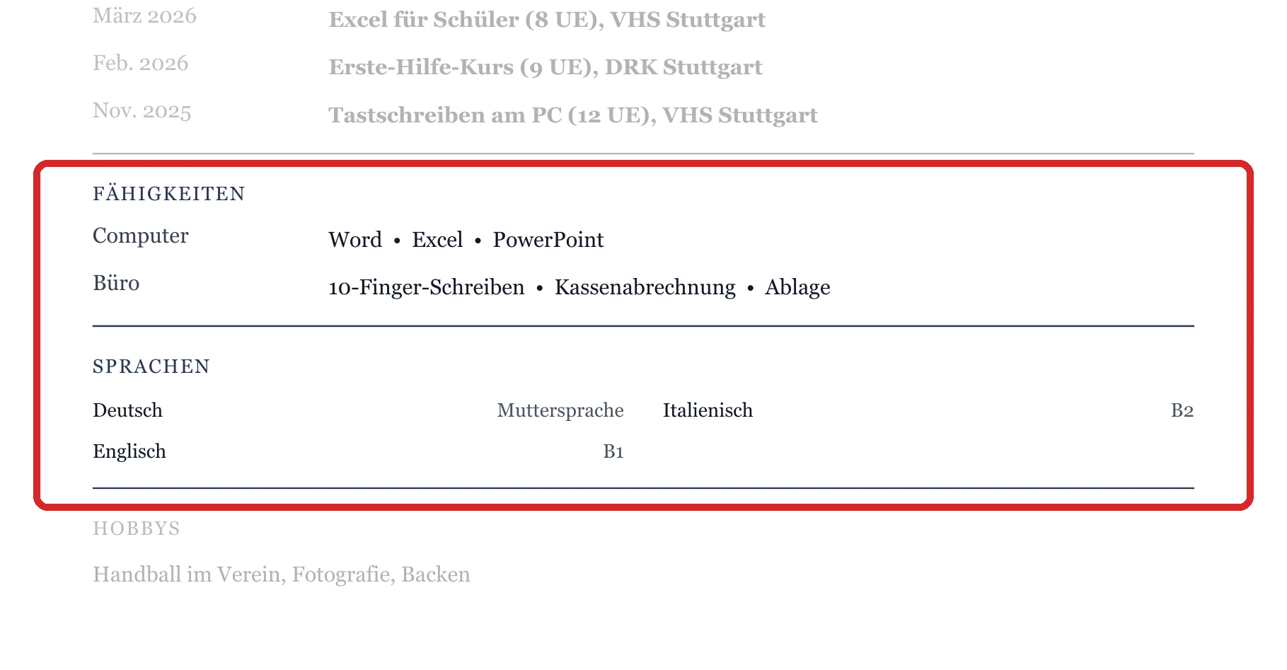 Kenntnisse und Sprachen im Muster – Muster Büro, Bank & Verwaltung