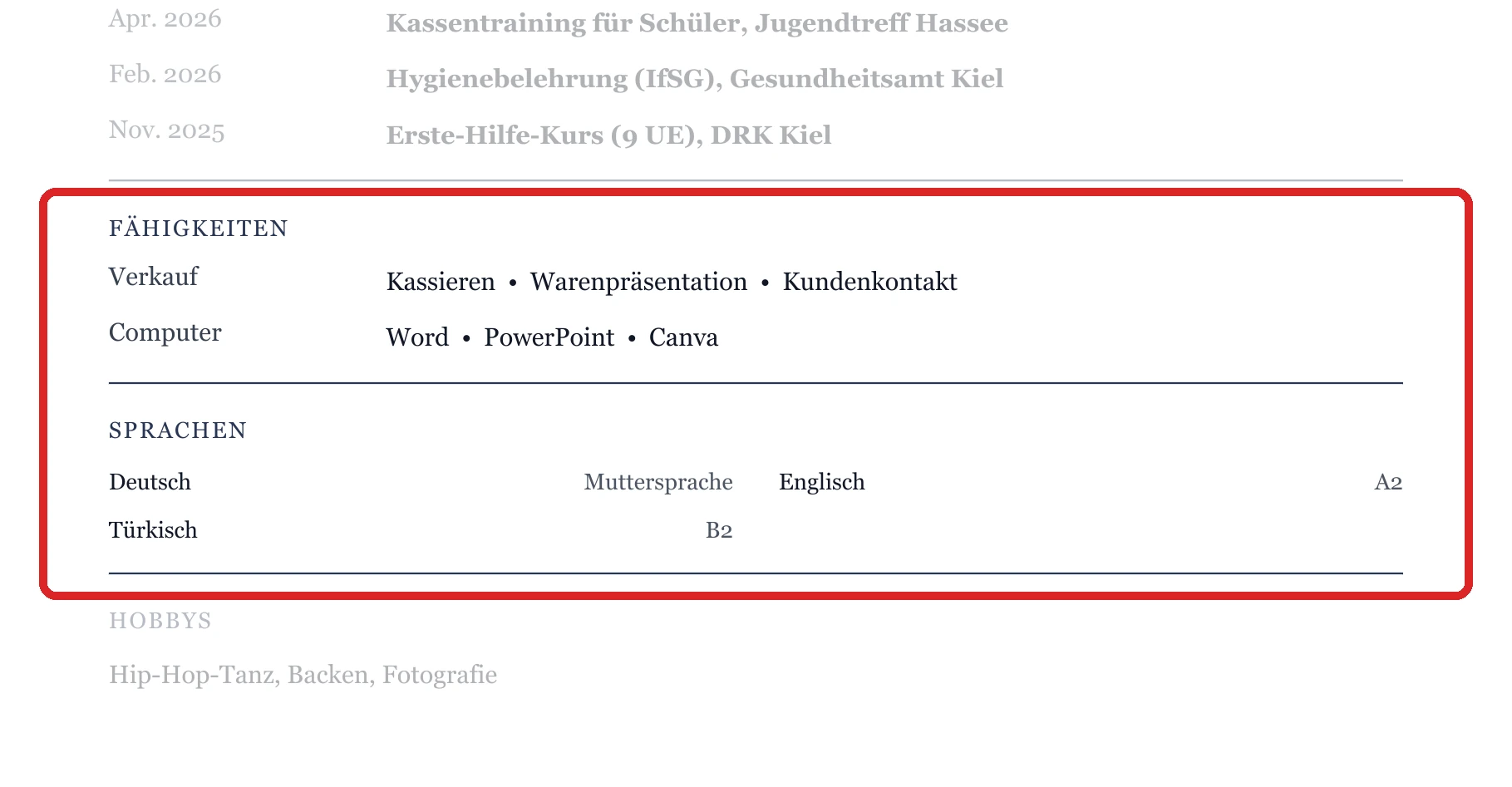 Kenntnisse und Sprachen im Muster – Muster Einzelhandel & Gastronomie