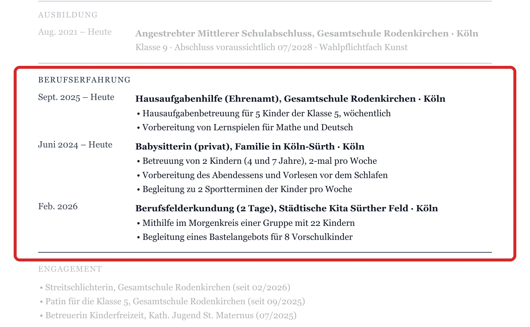 Praktische Erfahrung im Muster – Muster Kita, Schule & Soziales