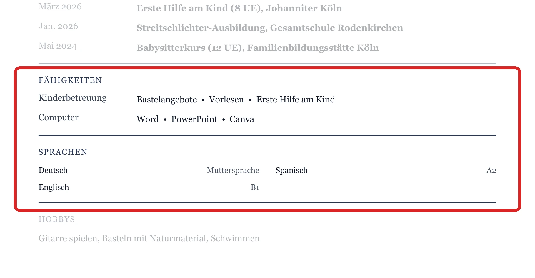 Kenntnisse und Sprachen im Muster – Muster Kita, Schule & Soziales