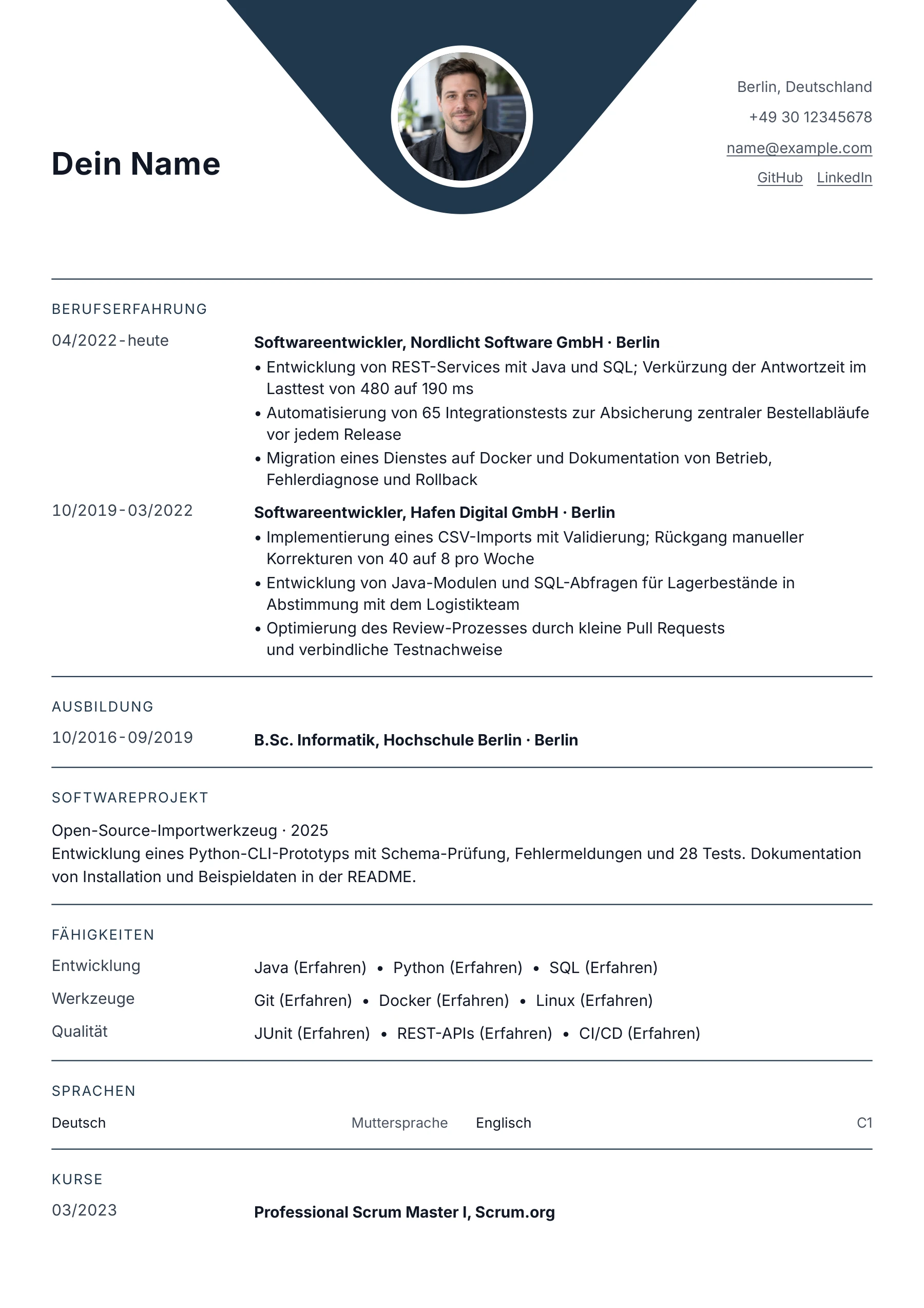 Lebenslauf Softwareentwickler · Softwareentwicklung allgemein · Klassisch zentriert