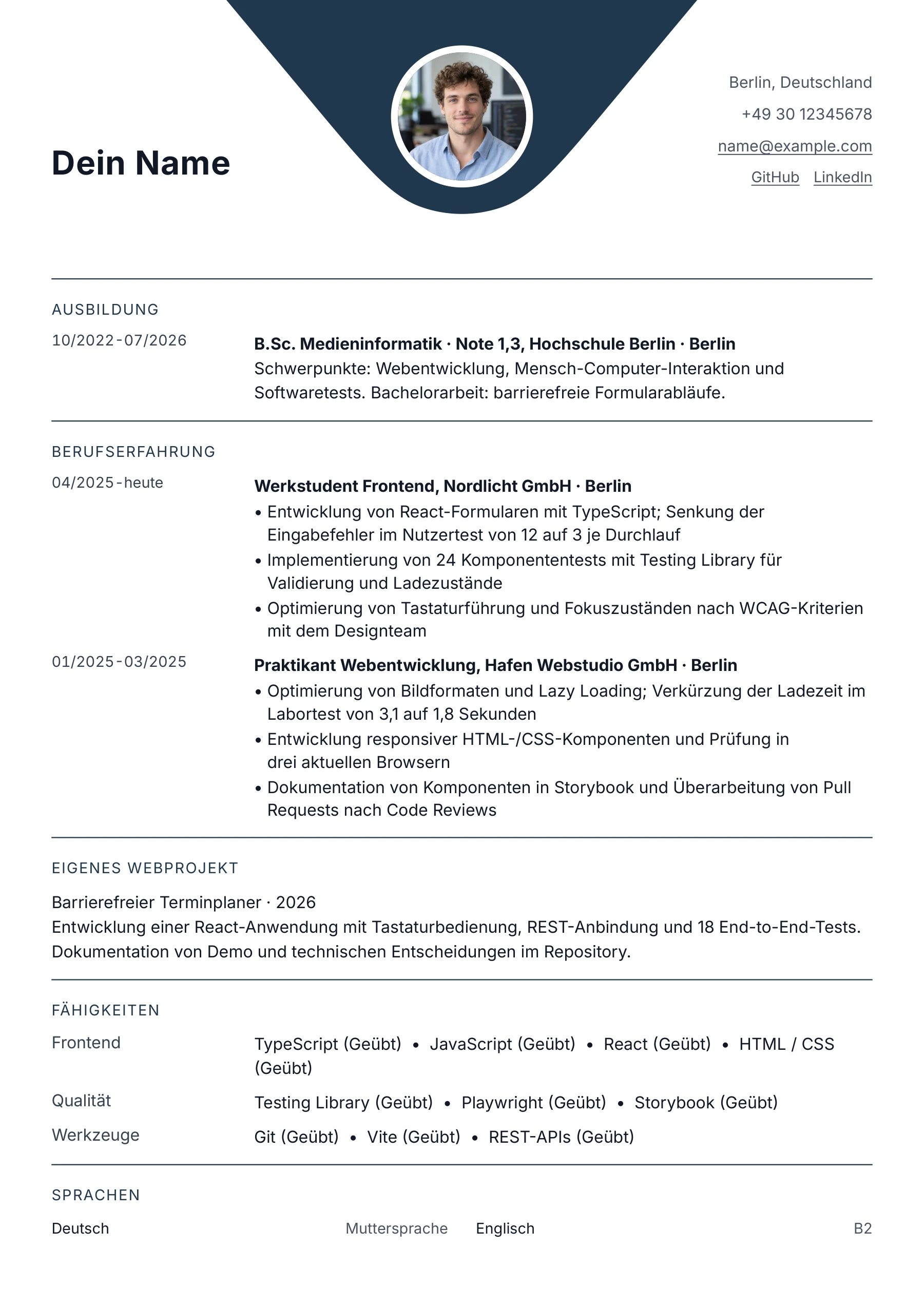 Lebenslauf Softwareentwickler · Frontend/Einstieg · Klassisch zentriert