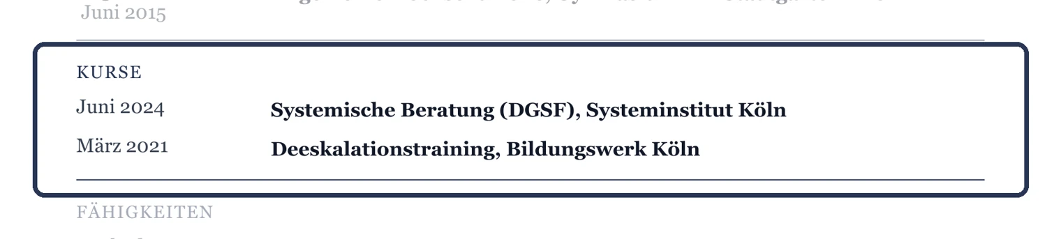 Weiterbildungen mit Titel, Anbieter und Datum – Muster Allgemein