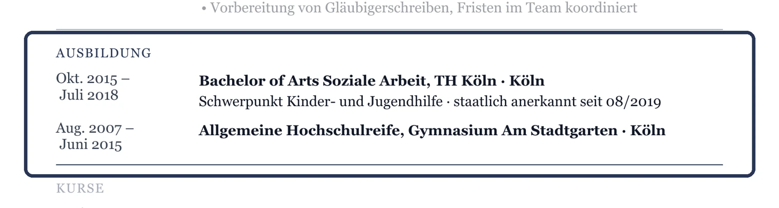 Abschluss, Hochschule, Zeitraum und Schwerpunkt – Muster Allgemein