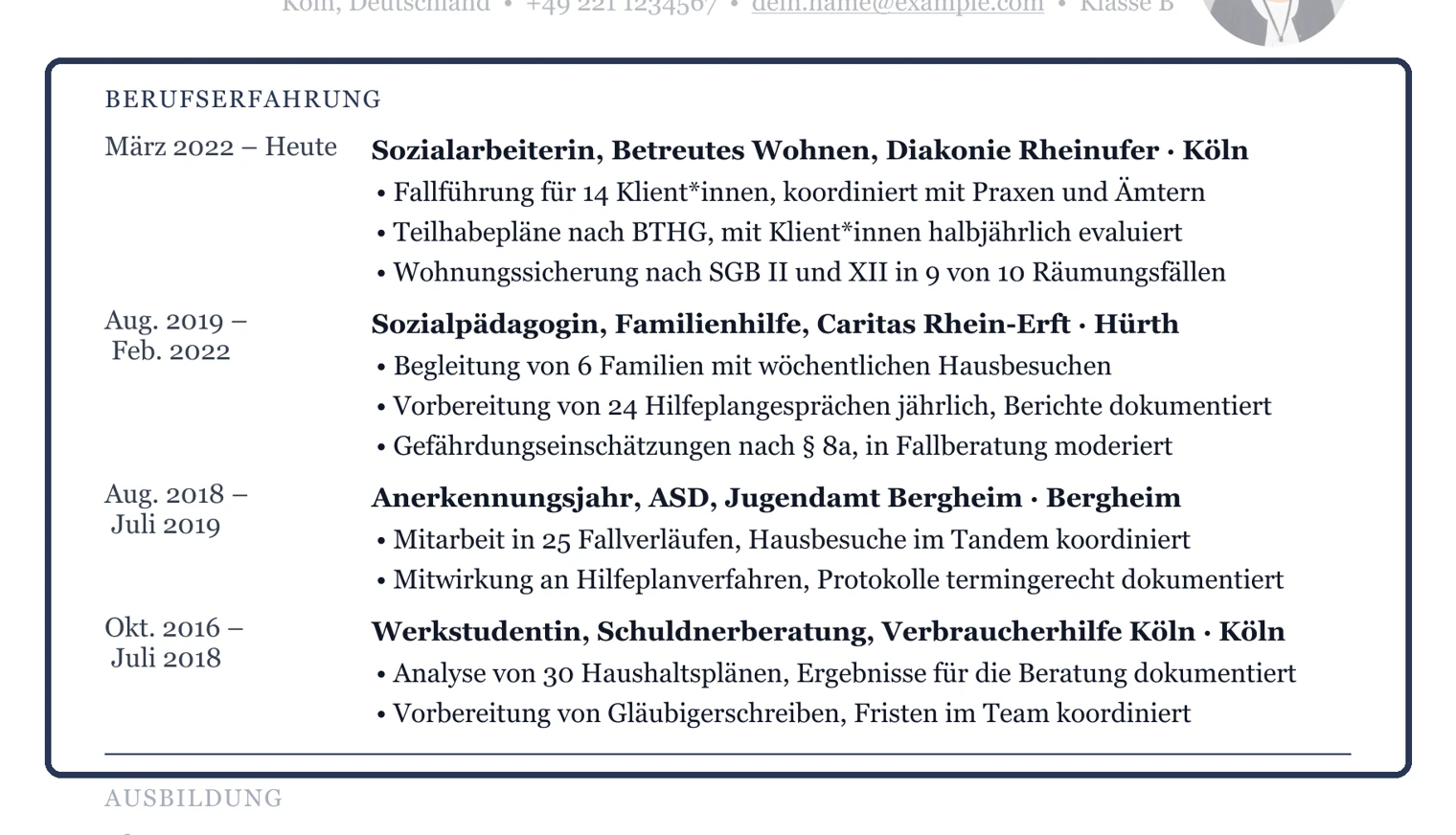 Jede Station: Position mit Arbeitsfeld, Träger, Ort, Zeitraum und zwei bis drei Stichpunkte – Muster Allgemein