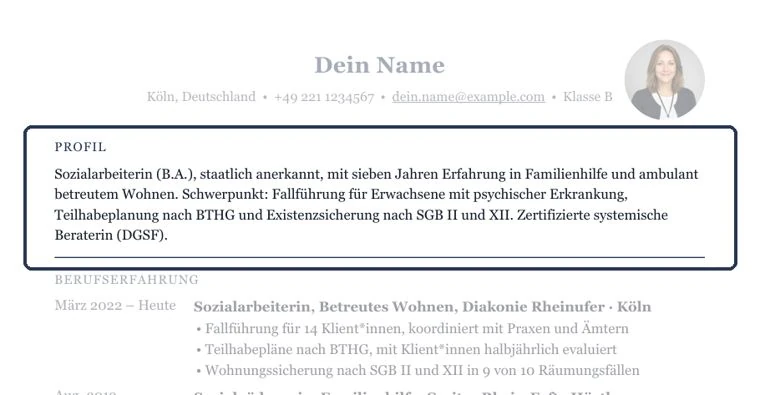 So sähe ein Kurzprofil zwischen Kontaktdaten und Berufserfahrung aus – Muster Allgemein
