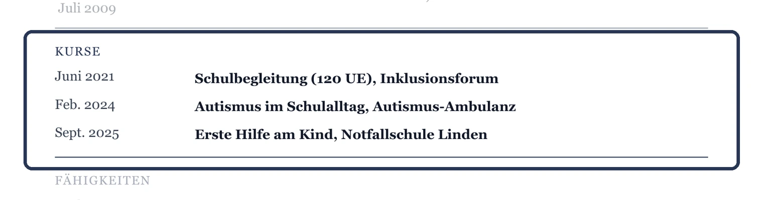 Weiterbildungen mit Titel, Anbieter und Datum – Muster Betreuung & Assistenz