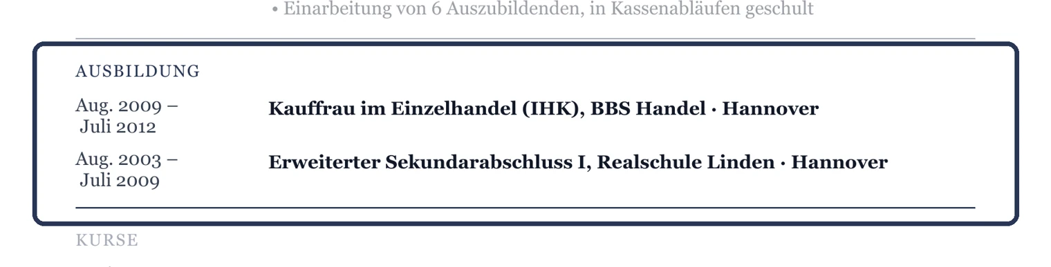 Abschluss, Hochschule, Zeitraum und Schwerpunkt – Muster Betreuung & Assistenz