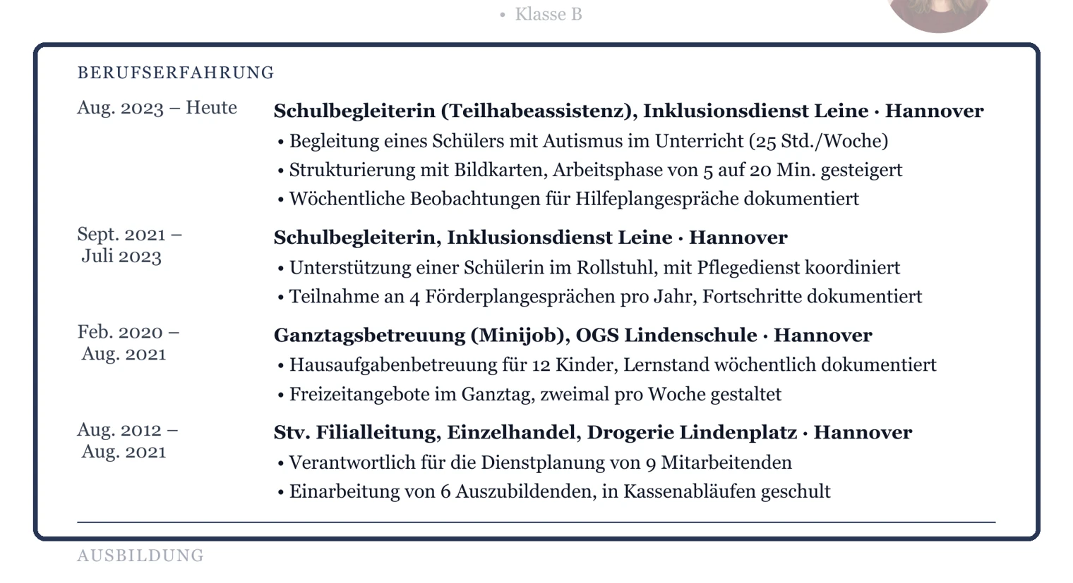 Jede Station: Position mit Arbeitsfeld, Träger, Ort, Zeitraum und zwei bis drei Stichpunkte – Muster Betreuung & Assistenz