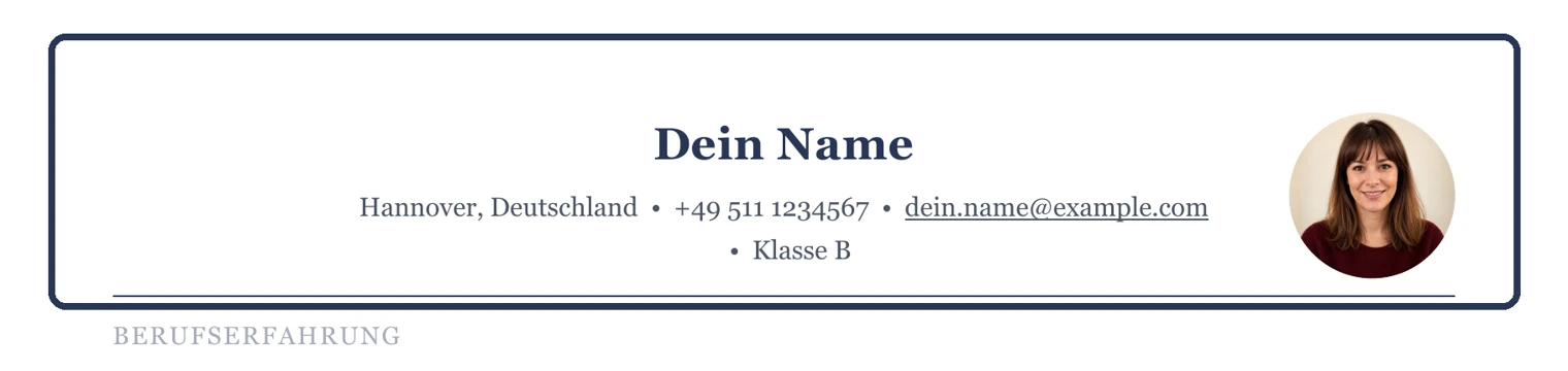 Kontaktdaten, Foto und Führerschein im Kopfbereich – Muster Betreuung & Assistenz