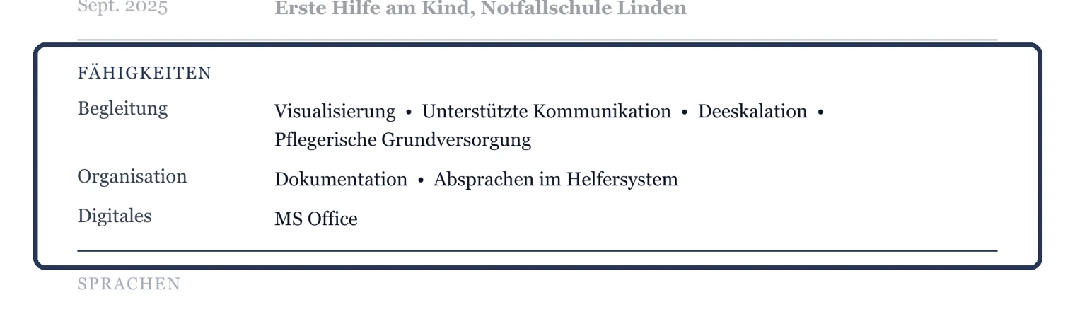 Kenntnisse in Gruppen, ohne Balken oder Sterne – Muster Betreuung & Assistenz
