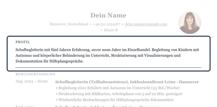 So sähe ein Kurzprofil zwischen Kontaktdaten und Berufserfahrung aus – Muster Betreuung & Assistenz
