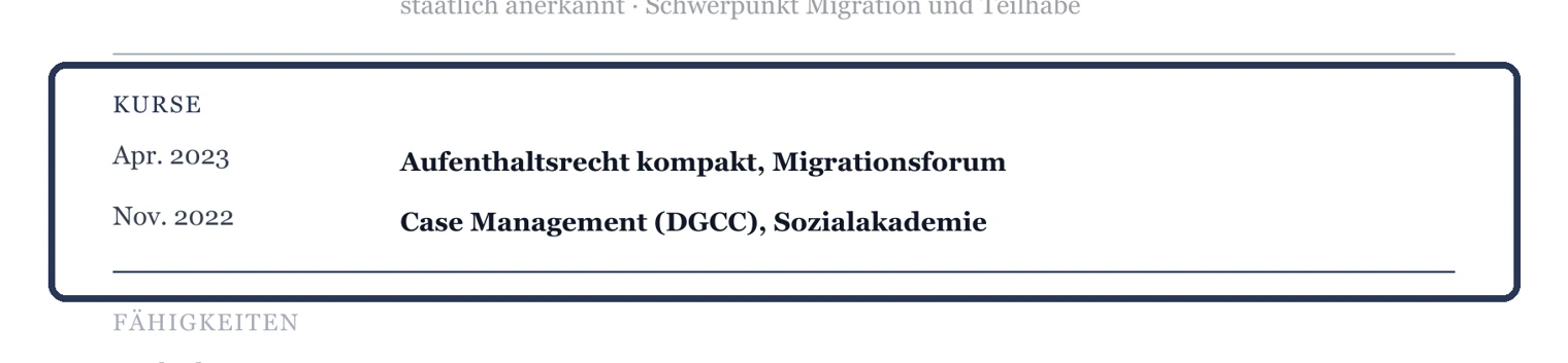 Weiterbildungen mit Titel, Anbieter und Datum – Muster Beratung & Migration